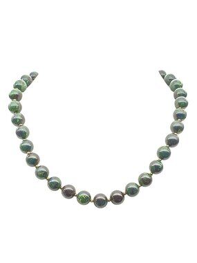 Vintage Green Faux Jade Beaded Necklace with Gold-Tone Spacers, Plastic Choker S